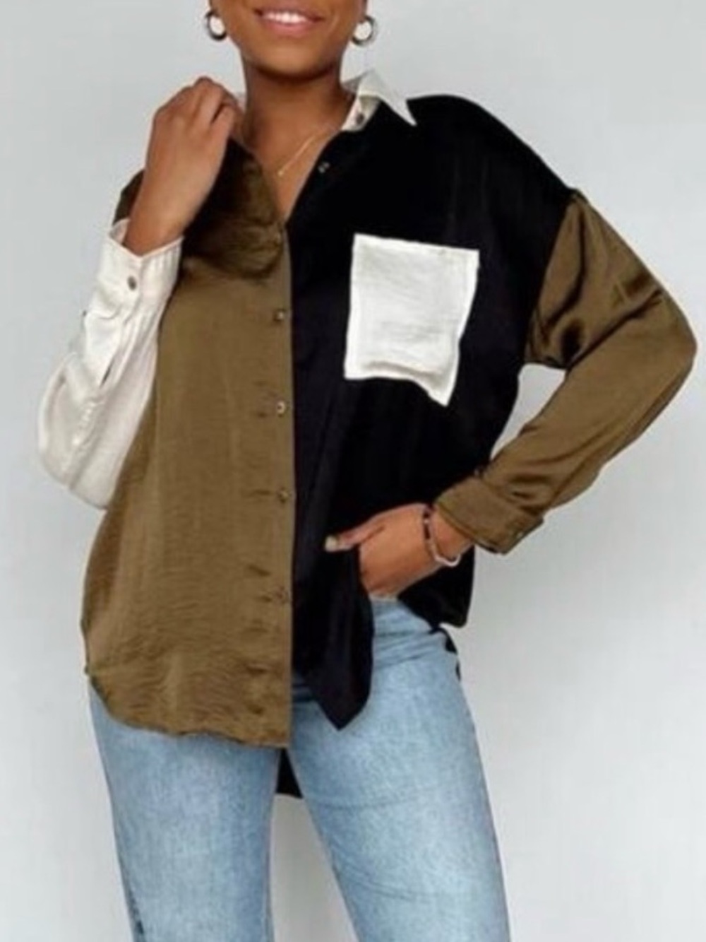 NWOT- MIOU MUSE Colorblock Long-Sleeve Button-Up Silky Shirt